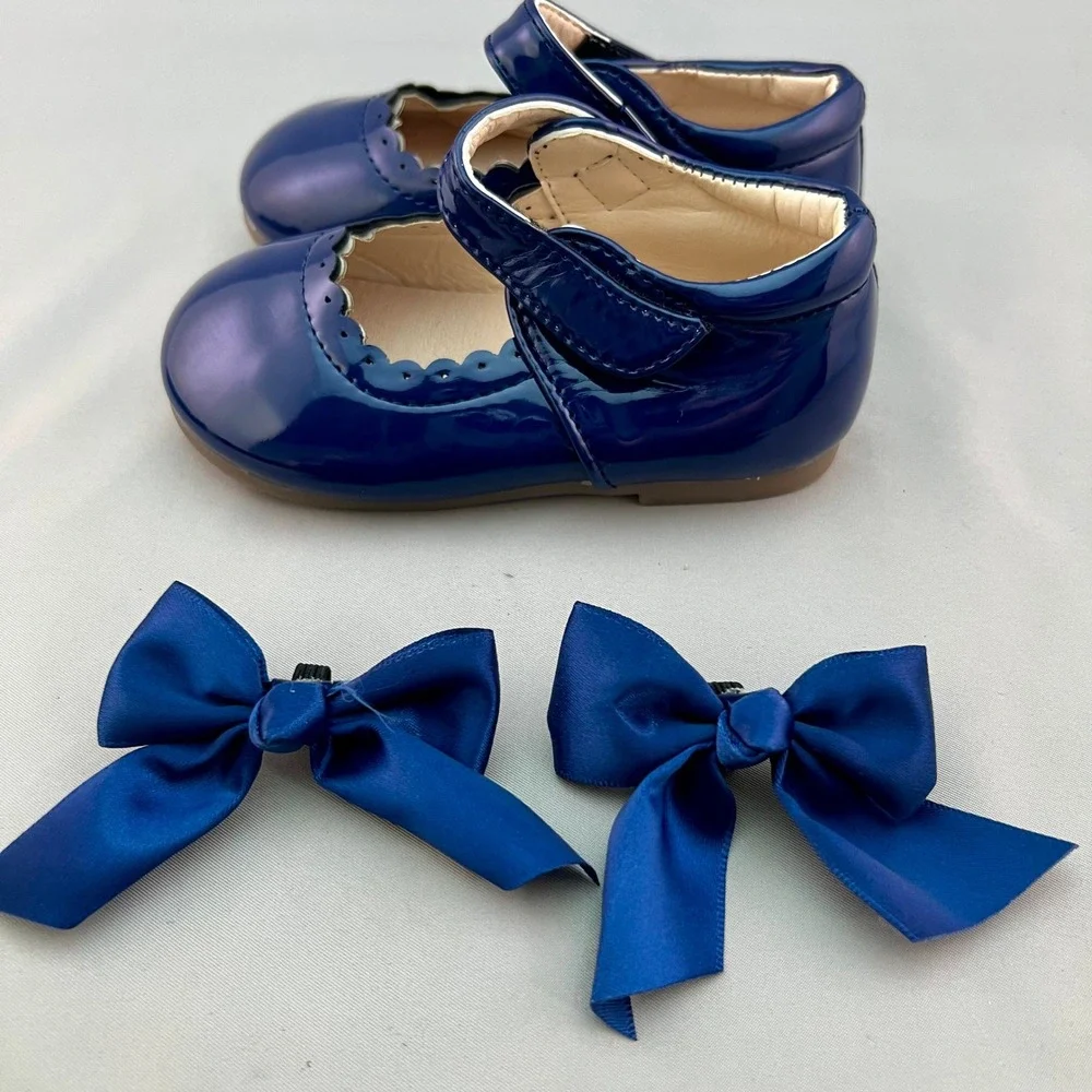 MG Baby Mary Jane Flats Toddler EU 22 (6-6.5) Dark Blue New Patent Scallop Bows